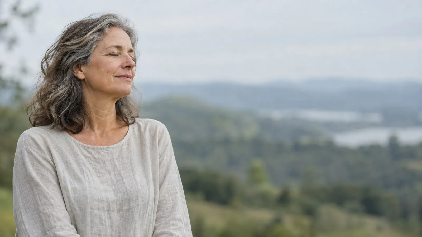 Femme aux cheveux gris, les yeux fermés, devant un paysage de collines