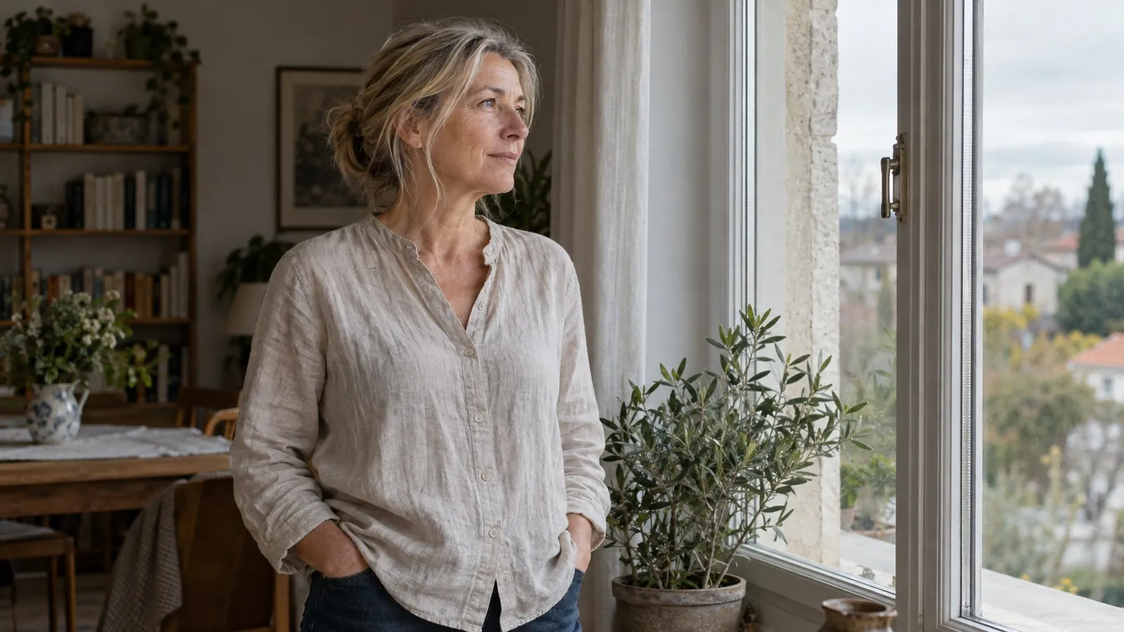 Femme debout près d'une fenêtre, dans une lumière douce
