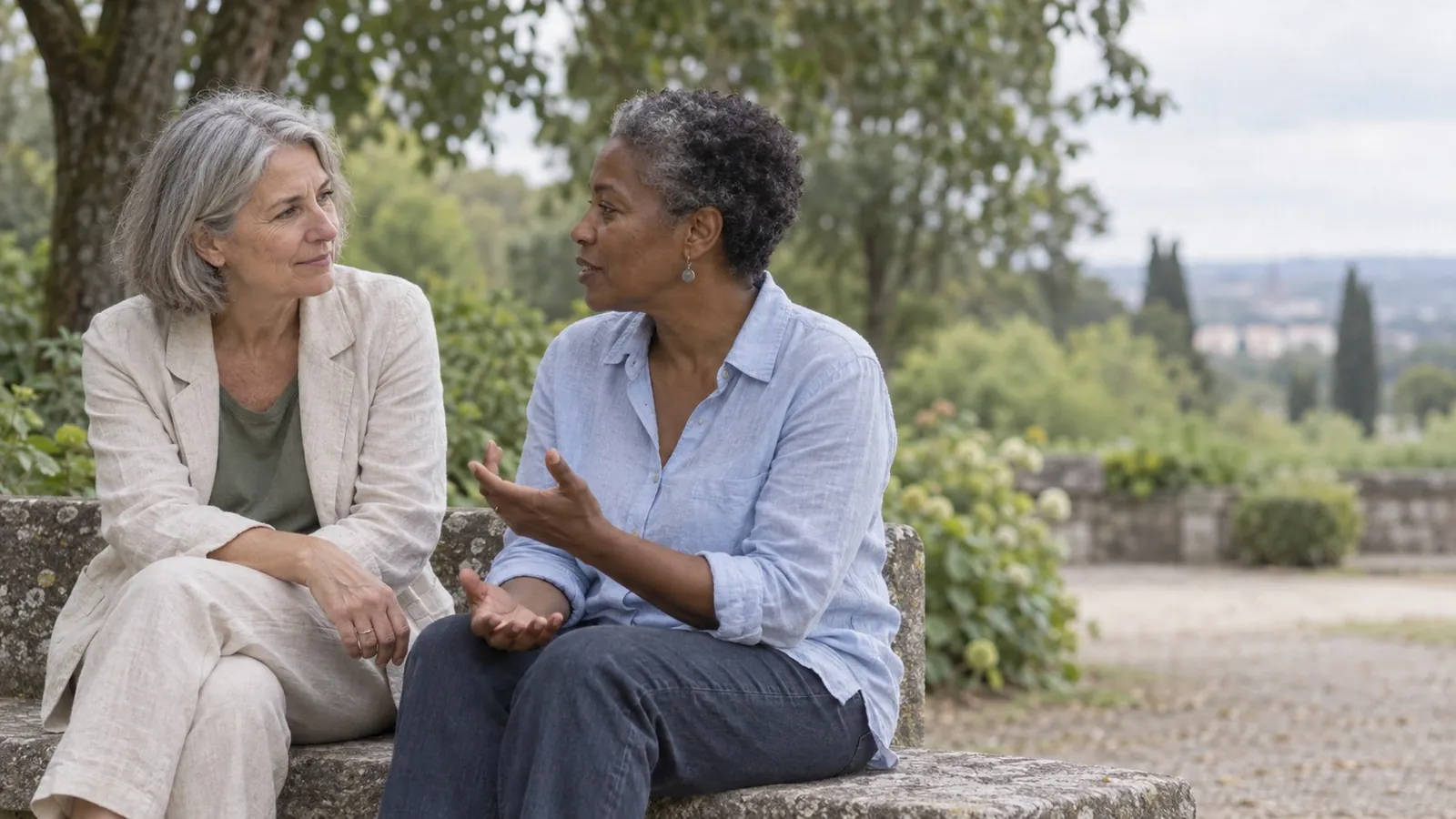 Deux femmes en conversation sur un banc