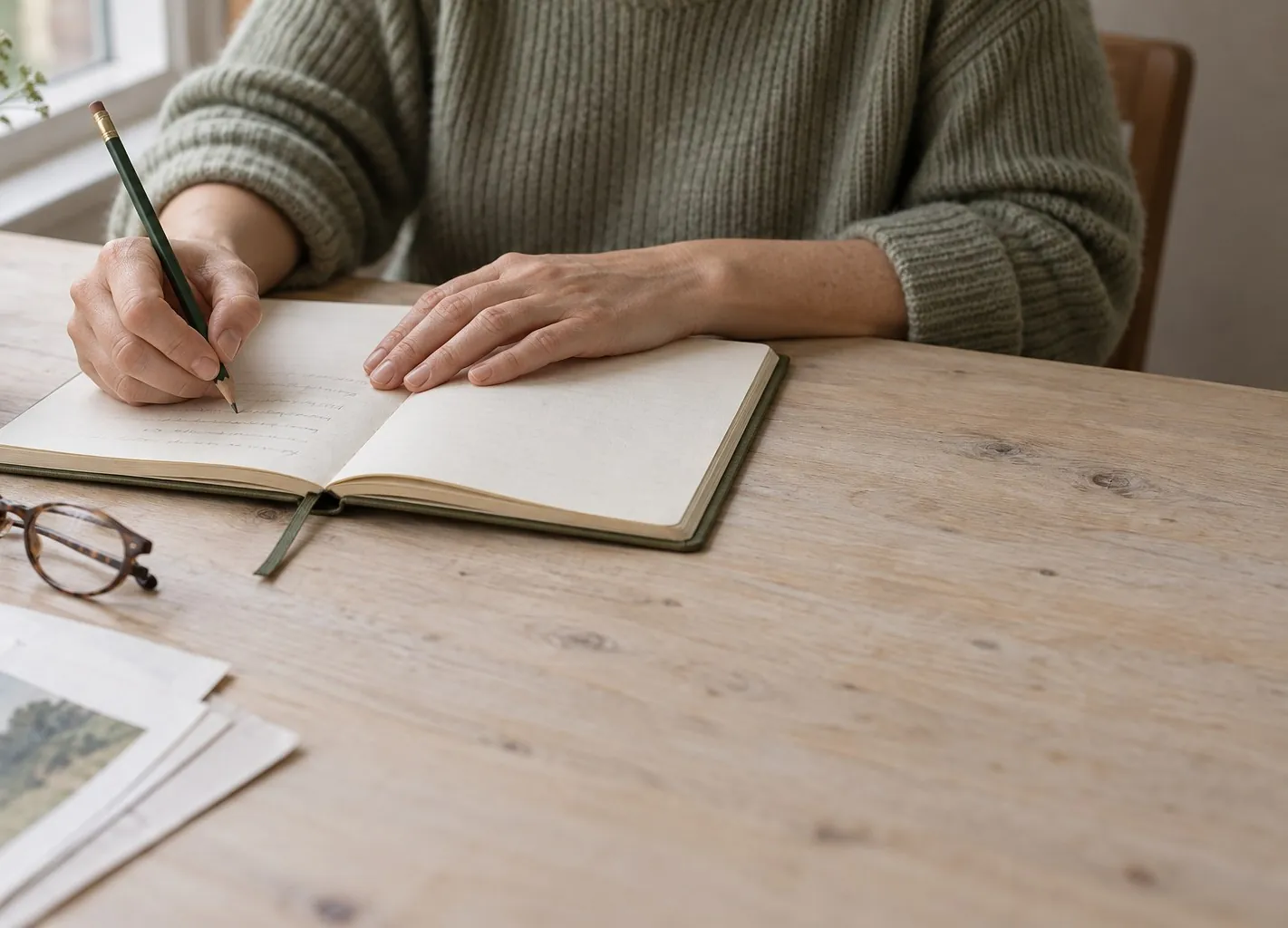 Mains qui prennent des notes au crayon dans un carnet, sur une table en bois